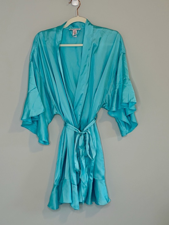 Victoria's Secret Other - Victoria's Secret Turquoise Satin Kimono Robe with Tie M/L Ruffle Sleeve Hem